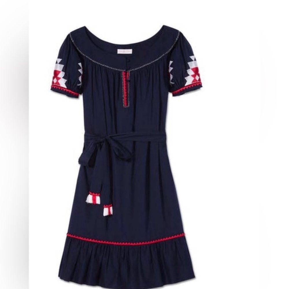 Tory Burch Dark Navy Dress with Red and White stitched detail and tie waist